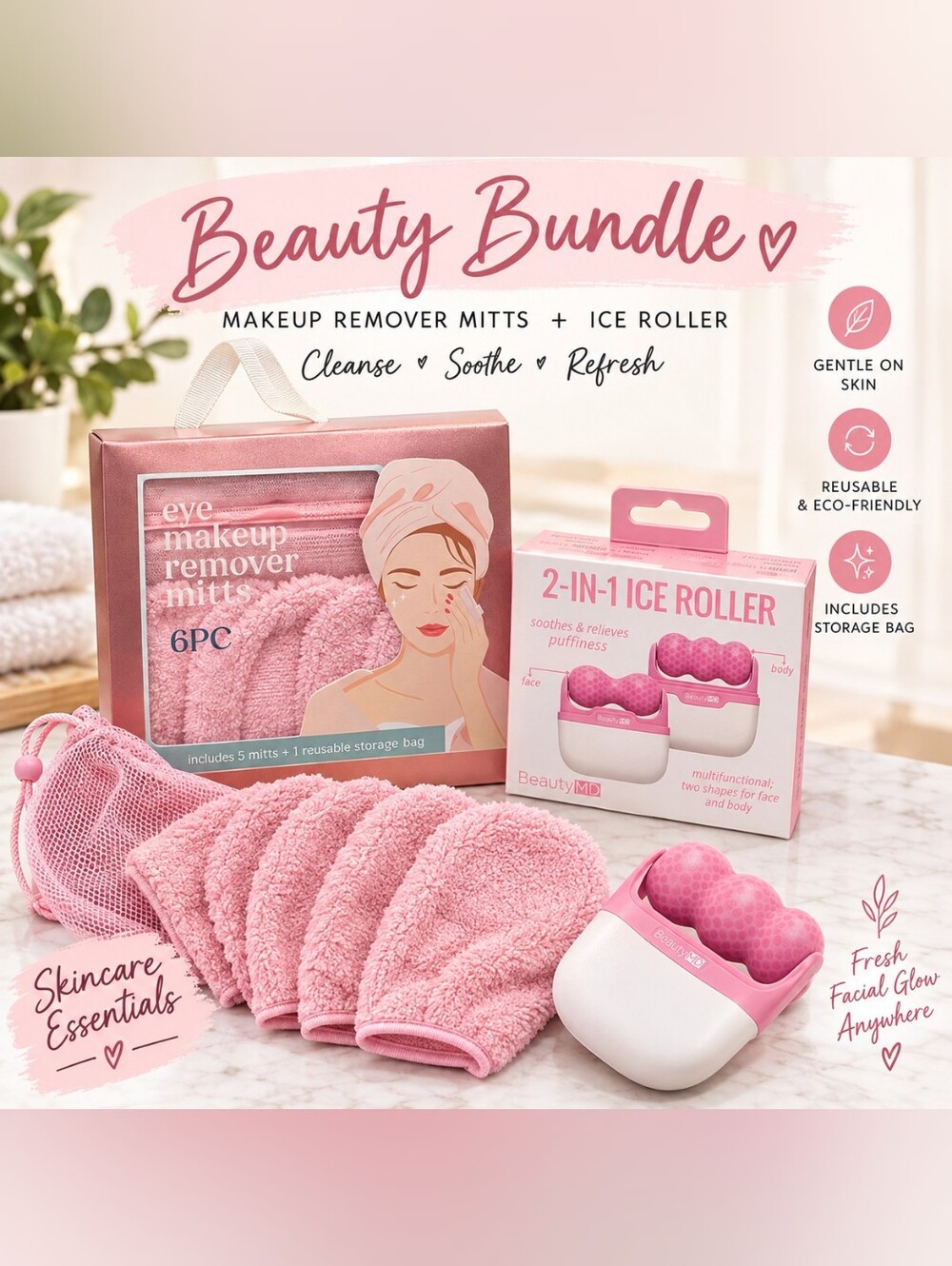 Beauty Self-Care Bundle 6pc Makeup Remover Mitt Set + 2-in-1 Ice Roller